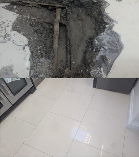 Tiled floor, leak found, after repair tiled floor was reinstated Leak found after gas tracing, floor exposed and excavated. Reinstatement works carried out to tiled floor after the repair was carried out.